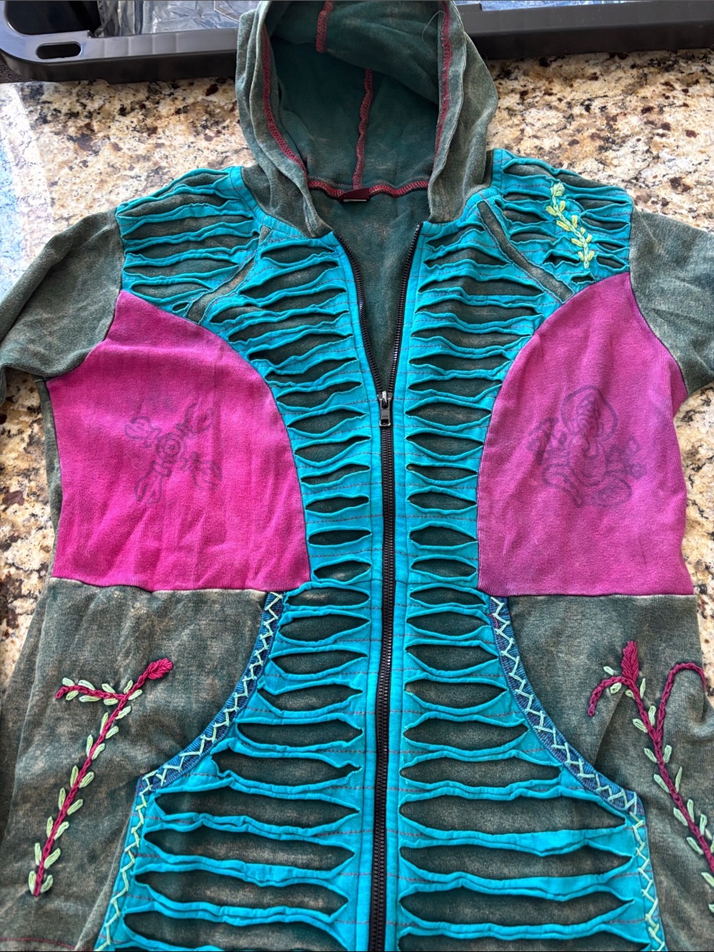 KPC Teal and Magenta Hooded Zip Jacket with Cutout Ribbing